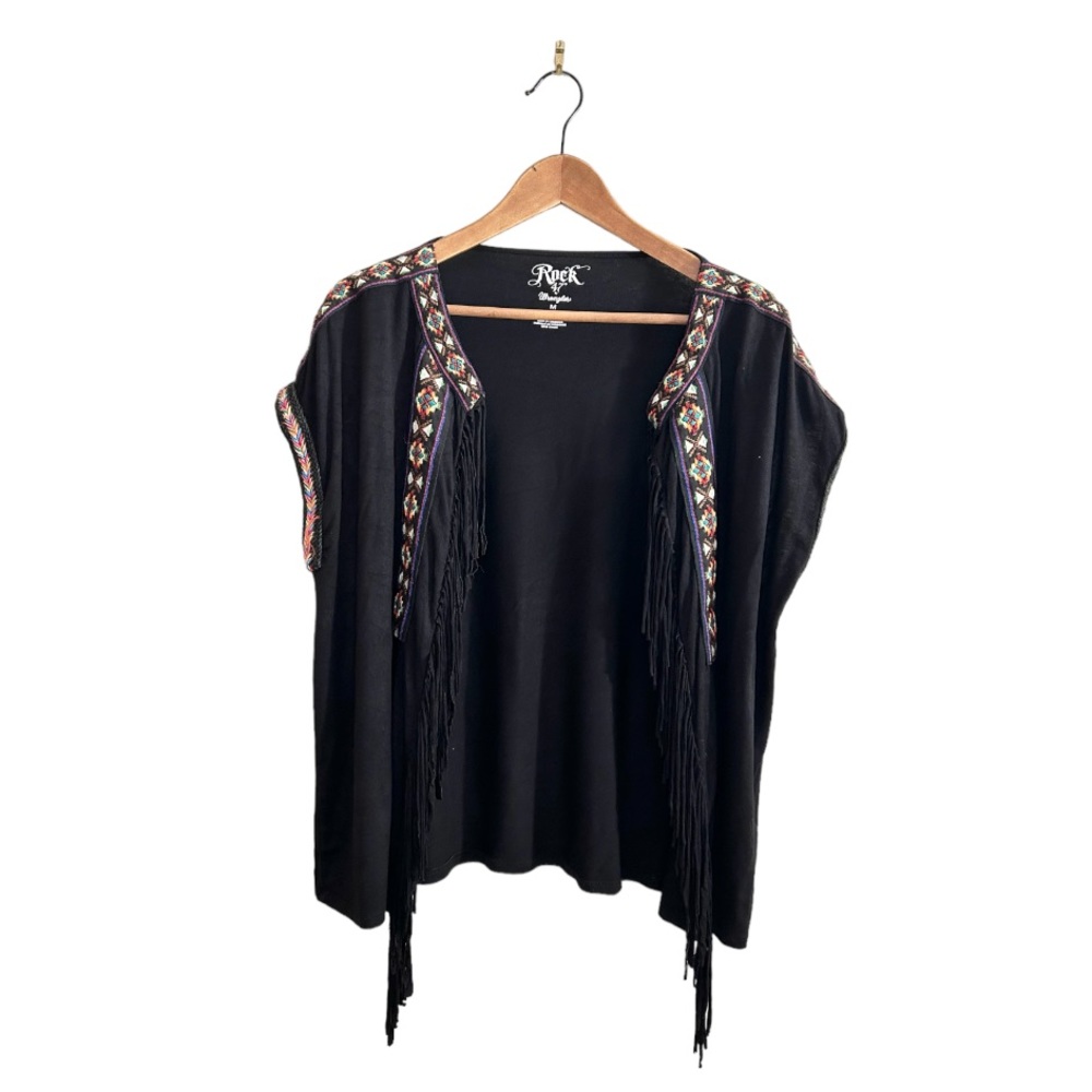 Rock 47 by Wrangle  Black Fringe Embroidered Short Sleeve Open Front Kimono
